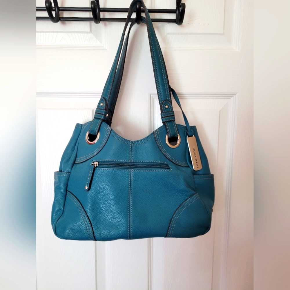 Tiganello Teal/Turquoise Pebbled Leather Shoulder Handbag